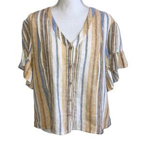 DREW Yellow White Blue Striped Linen Rayon Top Large